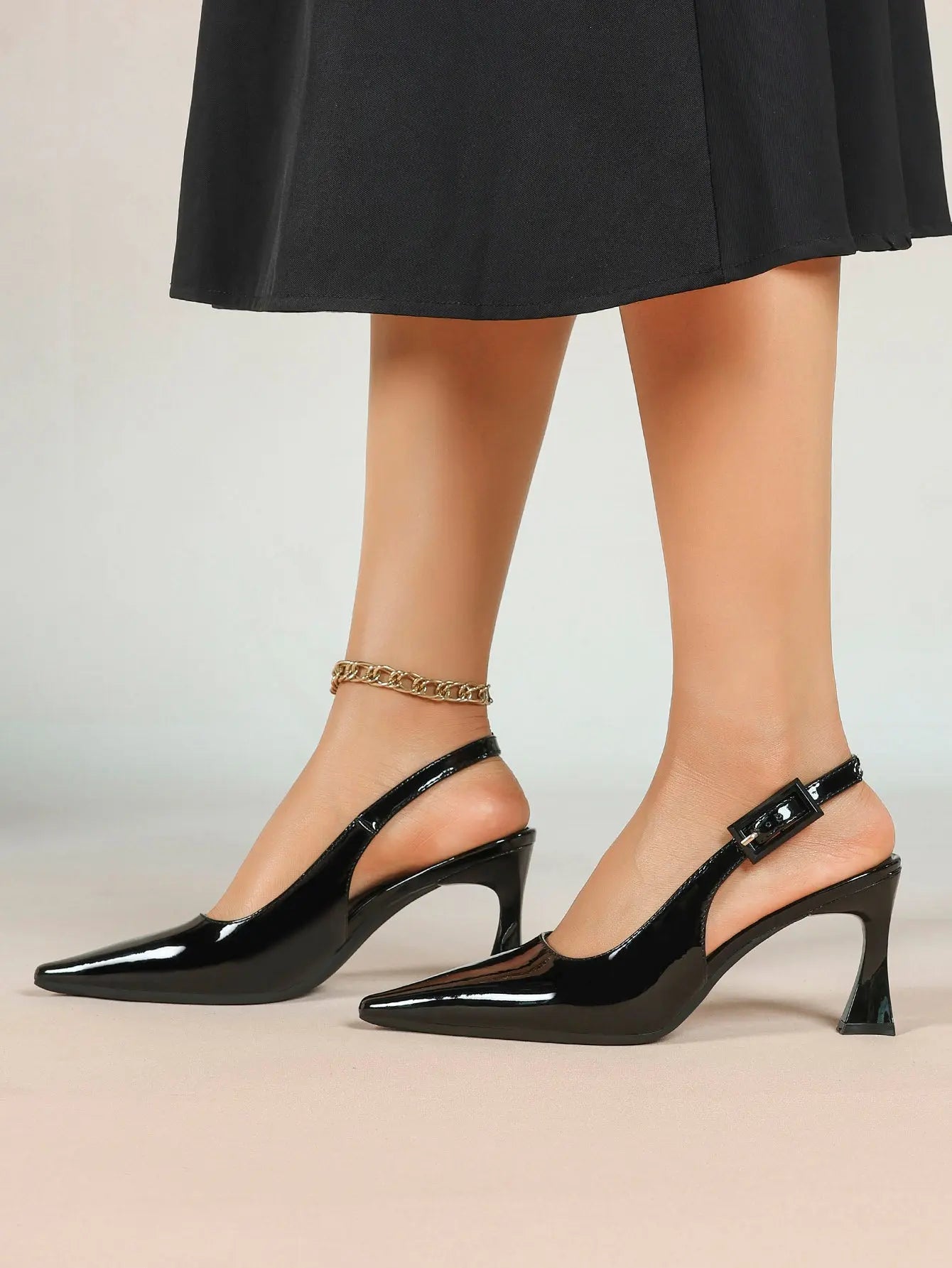 Women's Pointed Toe Slingback Pumps Patent Leather Chunky High Heels Dress Shoes with Adjustable Buckle Strap YISHIFAN