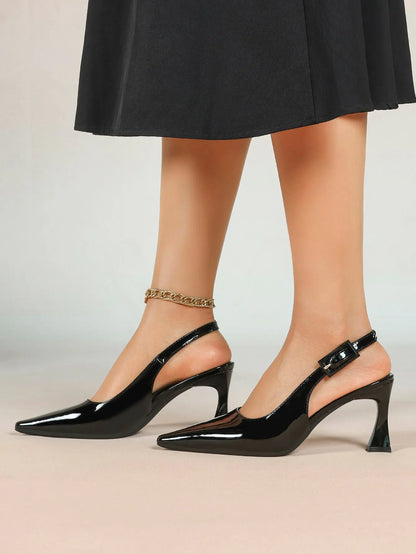 Women's Pointed Toe Slingback Pumps Patent Leather Chunky High Heels Dress Shoes with Adjustable Buckle Strap YISHIFAN