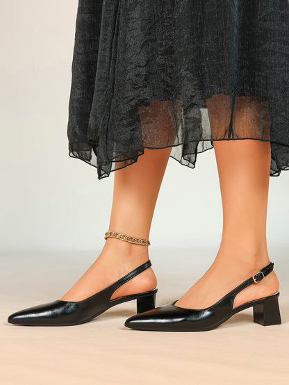 Nude Patent Slingback Heels with Pointed Toe and Comfortable Block Heel