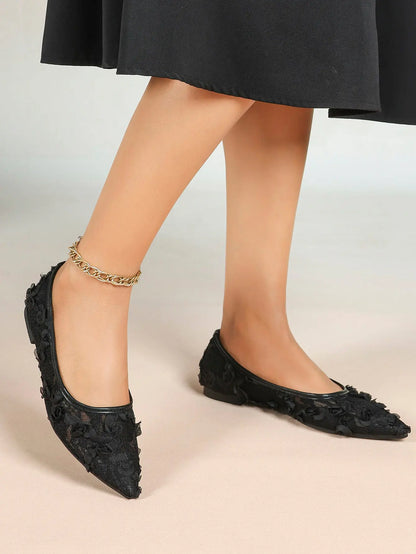Pink 3D Rose Appliqué Lace Mesh Pointed Toe Flats – Women's Handcrafted Floral Ballet Flat YISHIFAN