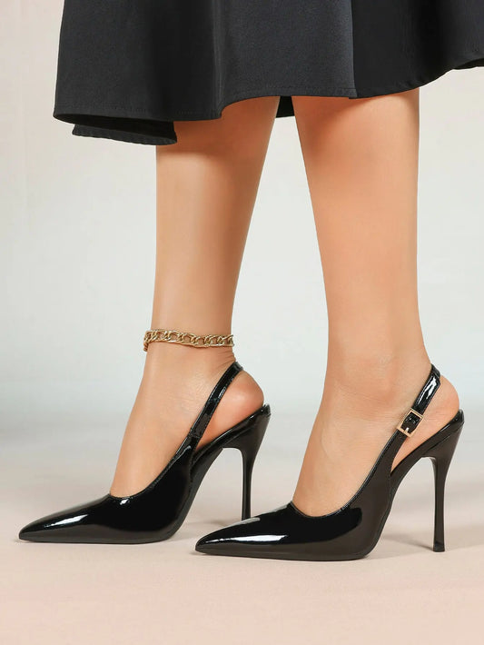 Patent Leather Pointed-Toe Slingback Heels with Gold Buckle YISHIFAN