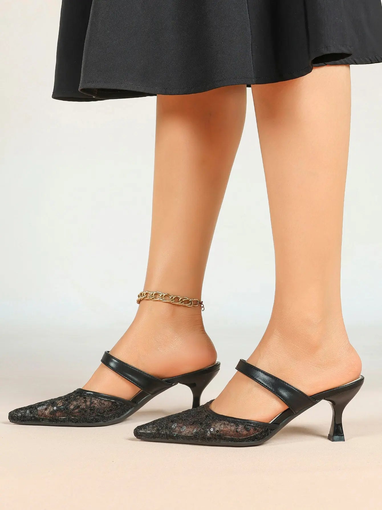 Black Sequin Lace Double Strap Kitten Heel  – Women's Pointed Toe Goblet Heel Slip-On YISHIFAN