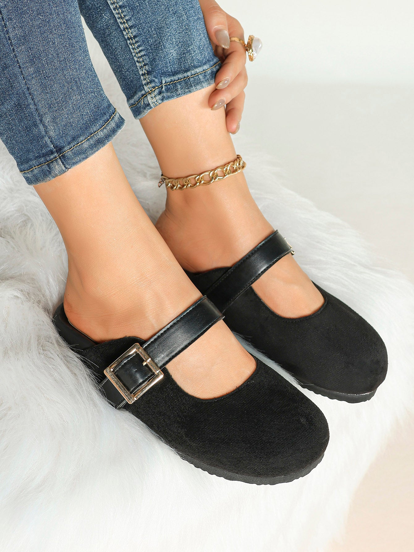 Black Suede Buckled Strap Slip-On Mules with Gold-Tone Hardware