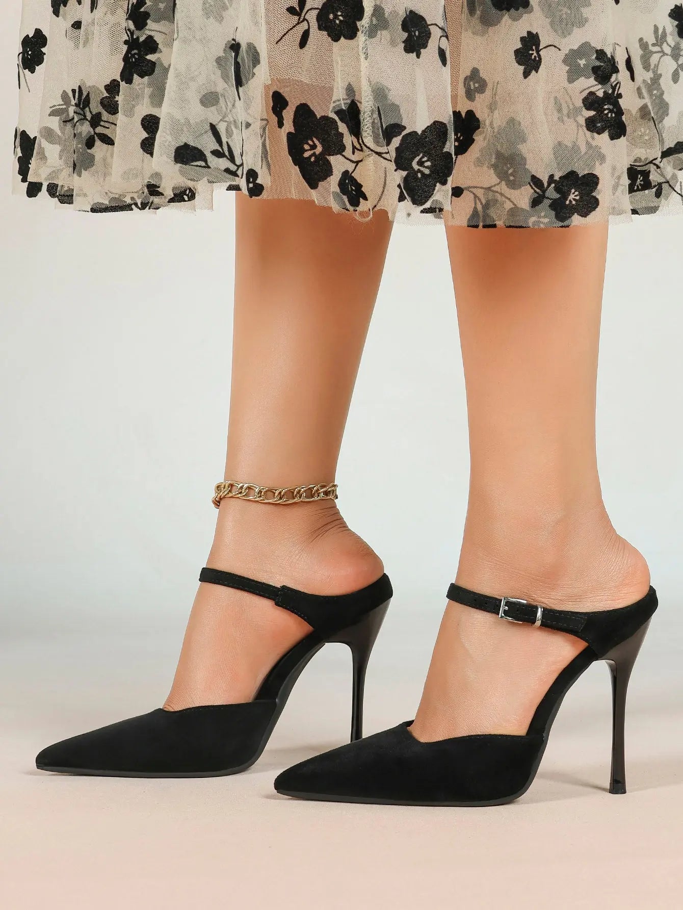 Women's Suede Pointed Toe D'Orsay Pumps Ankle Strap Stiletto High Heels with Buckle YISHIFAN