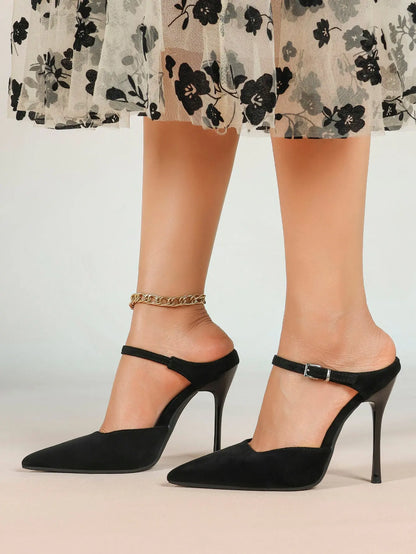 Women's Suede Pointed Toe D'Orsay Pumps Ankle Strap Stiletto High Heels with Buckle YISHIFAN
