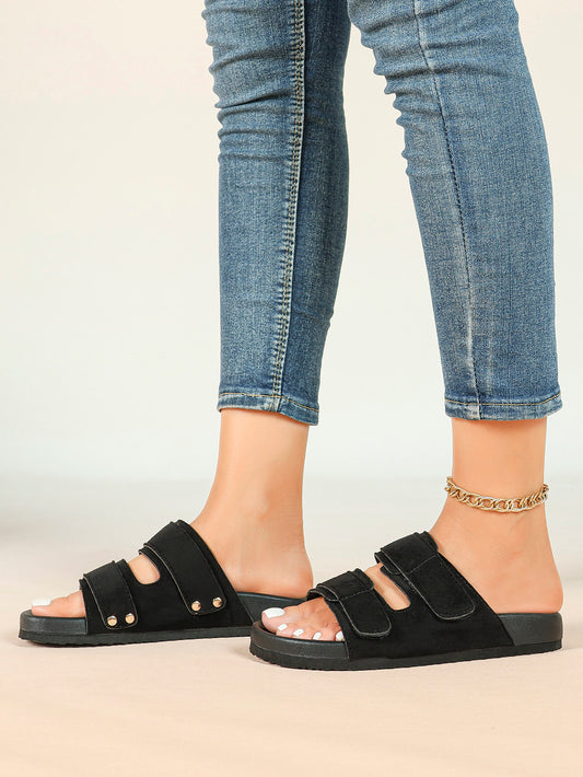 Black Suede-Effect Double-Strap Velcro Slide Sandals with Cushioned Sole