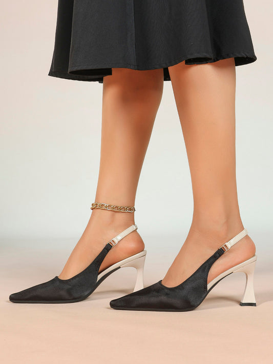 Black Satin Pointed Toe Slingback Pumps Beige Heel Contrast Strap Flared Heels Elegant Shoes