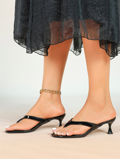 Black Patent Leather Thong Strap Stiletto Mules Backless Kitten Heels Party Date Shoes