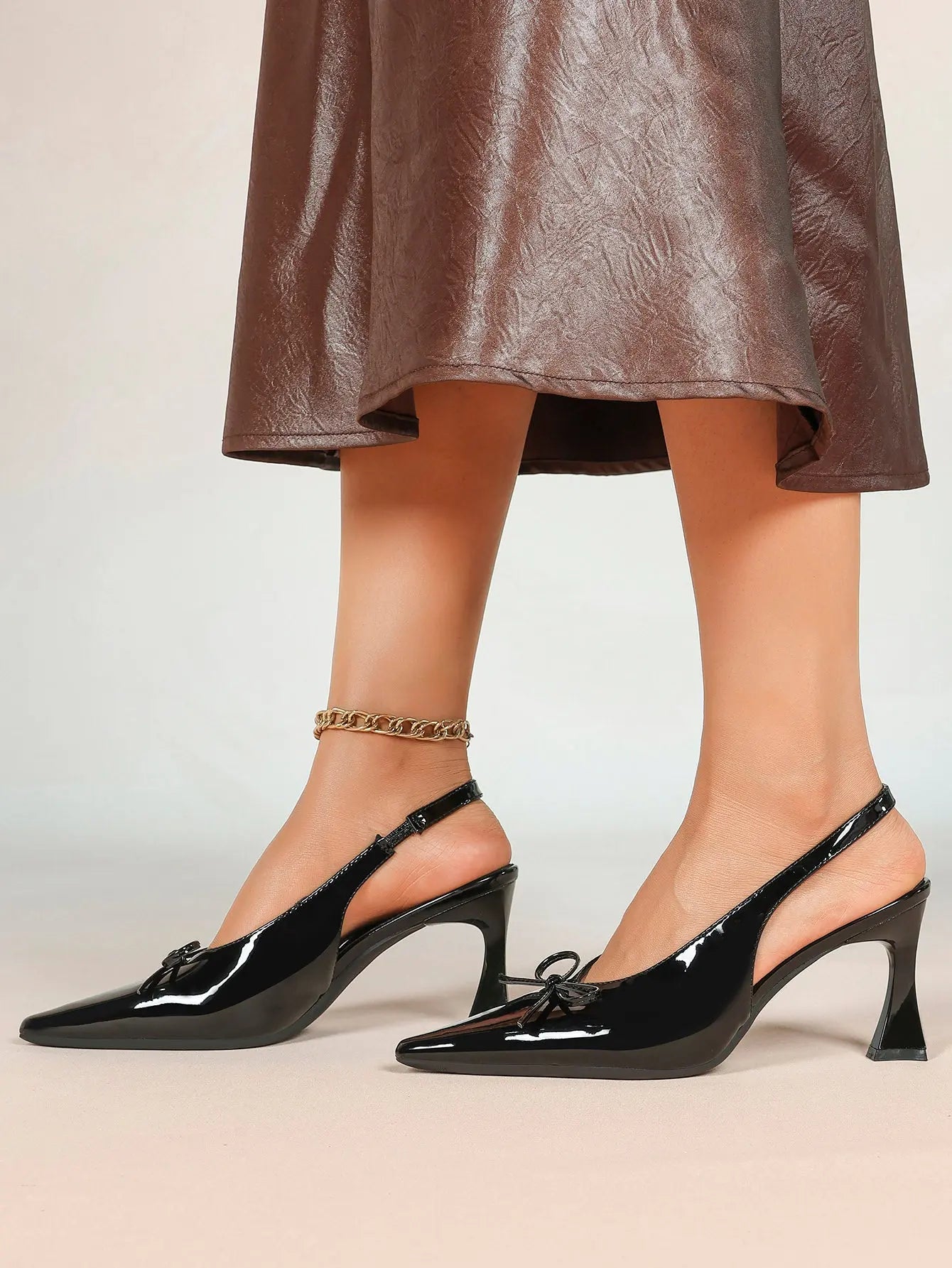Women's Bow Slingback Pumps Patent Leather Pointed Toe Chunky High Heels Dress Shoes YISHIFAN
