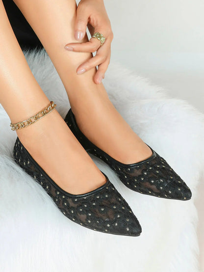 Black Floral Lace & Gold Star Embroidery Mesh Pointed Toe Flats – Women's Night-Sky Ballet Flat YISHIFAN