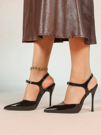 Women's Patent D'Orsay Pumps 10.5cm Stiletto Ankle-Strap Pointed Heels YISHIFAN