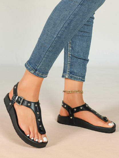 Black Studded T-Strap Thong Sandals with Chunky Platform Sole