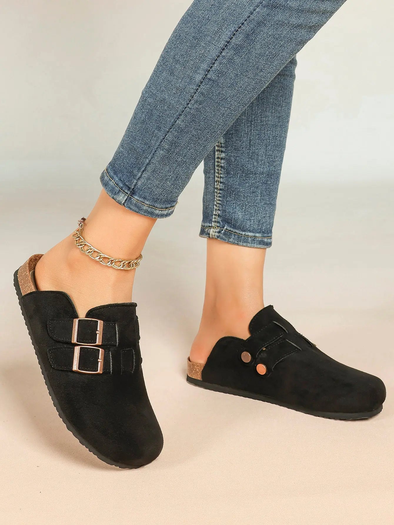 Gray Suede Double Buckle Boston Clogs  Closed Toe Cork Mule with Bronze Hardware YISHIFAN