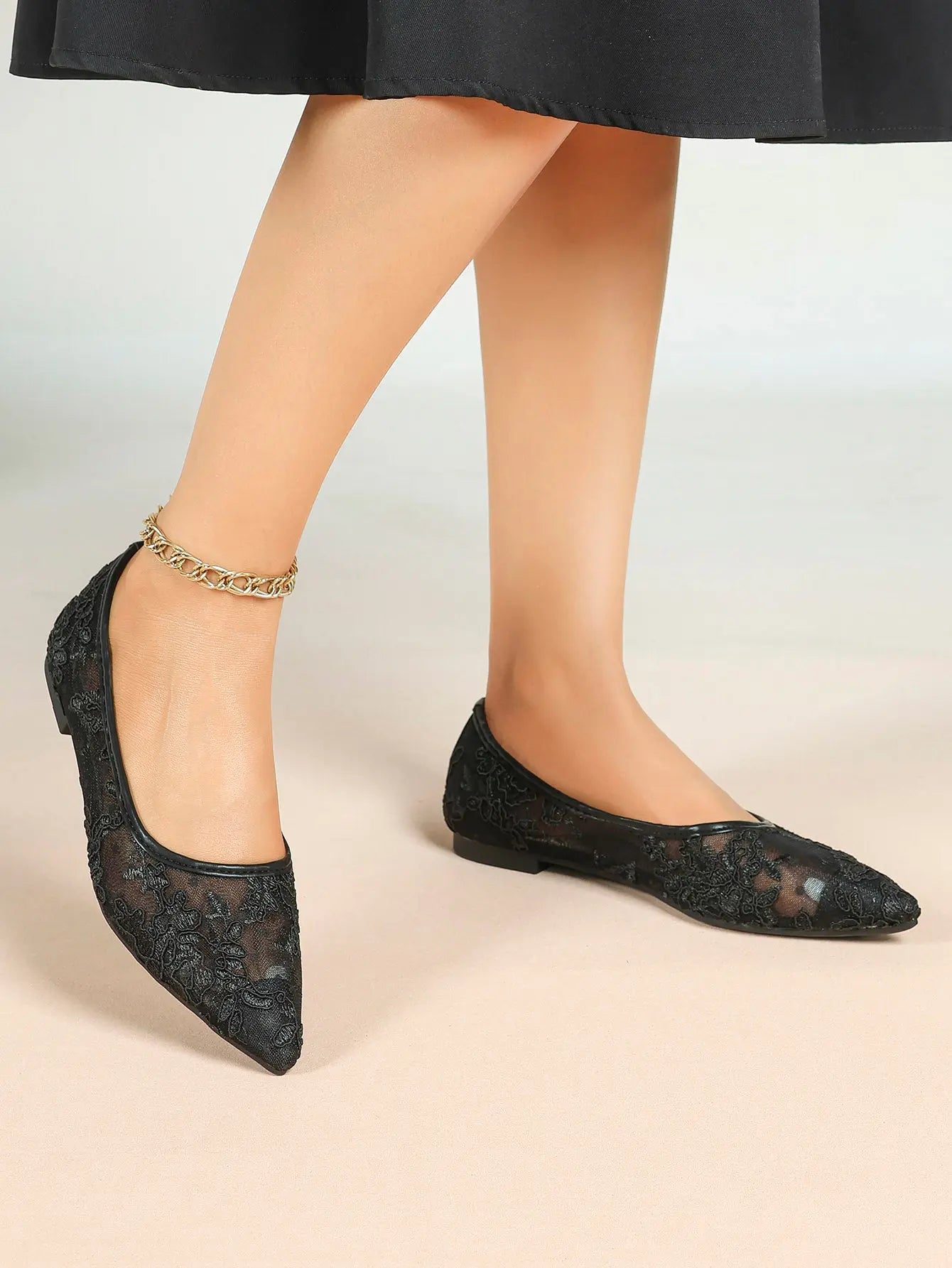 Black Lace Mesh Pointed Toe Flats Sheer Ballet Floral Embroidery YISHIFAN