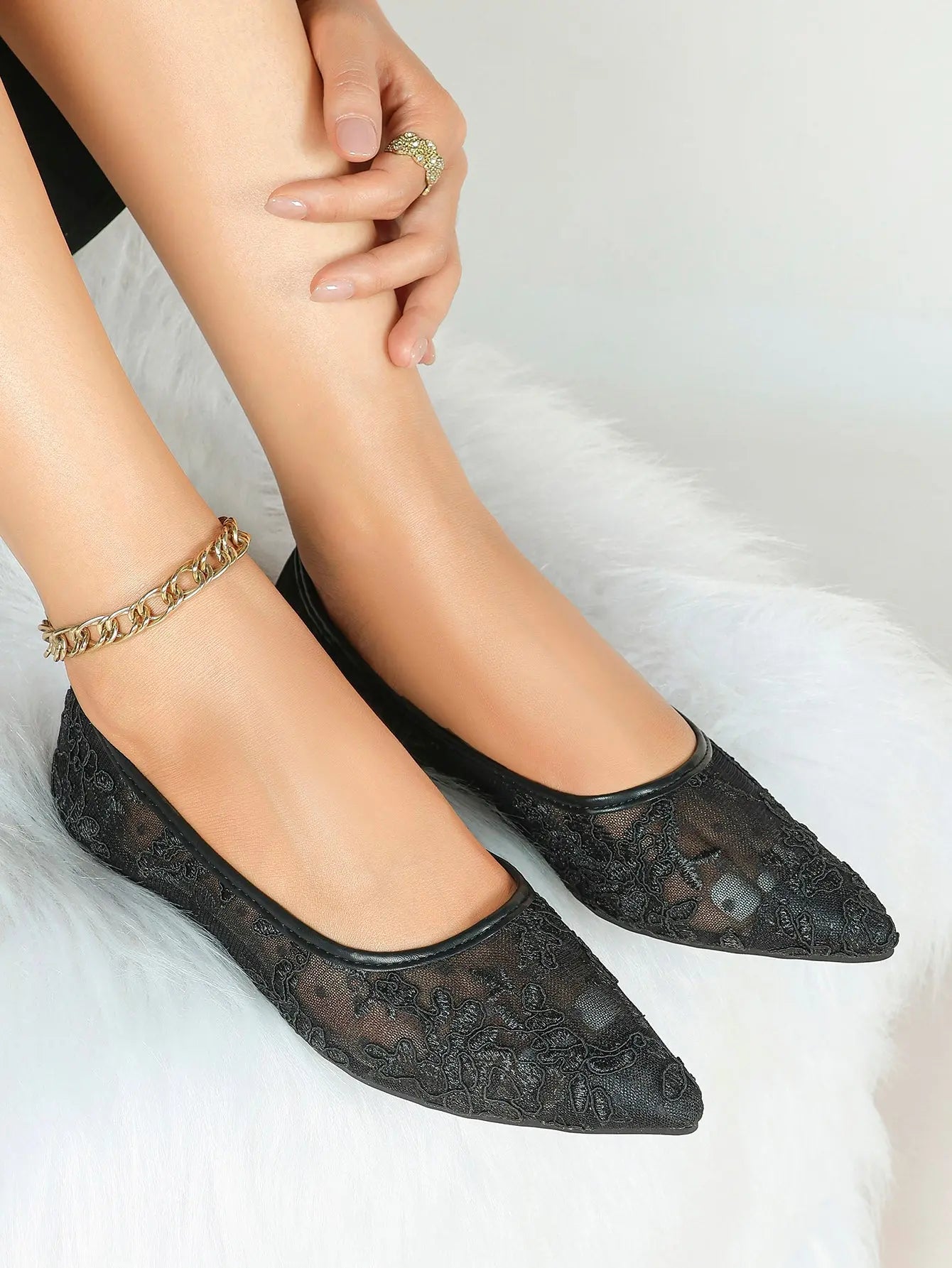 Black Lace Mesh Pointed Toe Flats Sheer Ballet Floral Embroidery YISHIFAN