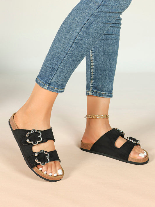 Black Suede Two-Strap Sandals with Silver Floral Buckles for Casual Summer Days