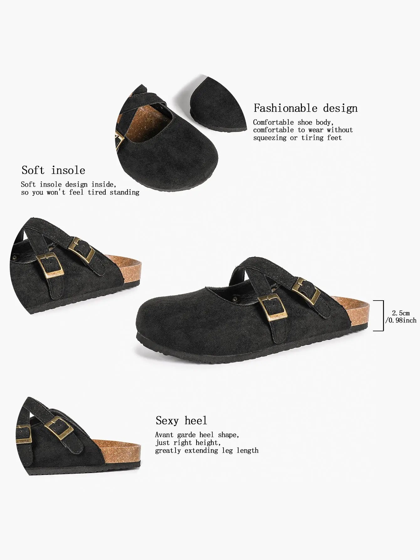 Black Suede Double Cross Strap Boston Clogs – Women's Cork Platform Closed Toe Mule with Antique Gold Buckles YISHIFAN