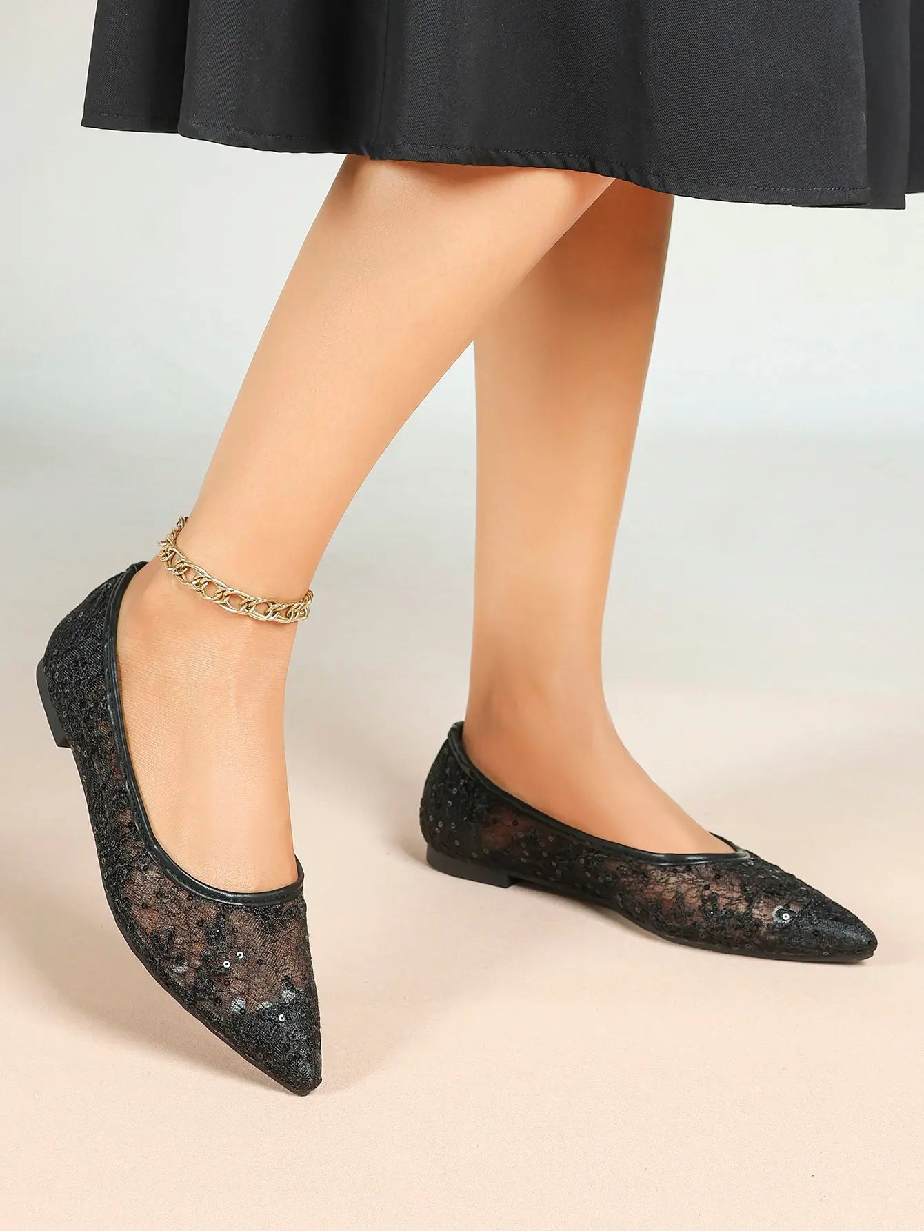 Wine Red Sequin Lace Mesh Pointed Toe Flats – Women's Floral Embroidery Ballet Flat with Iridescent Shimmer YISHIFAN