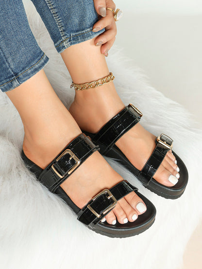 White Double-Buckle Platform Slide Sandals with Gold-Tone Hardware