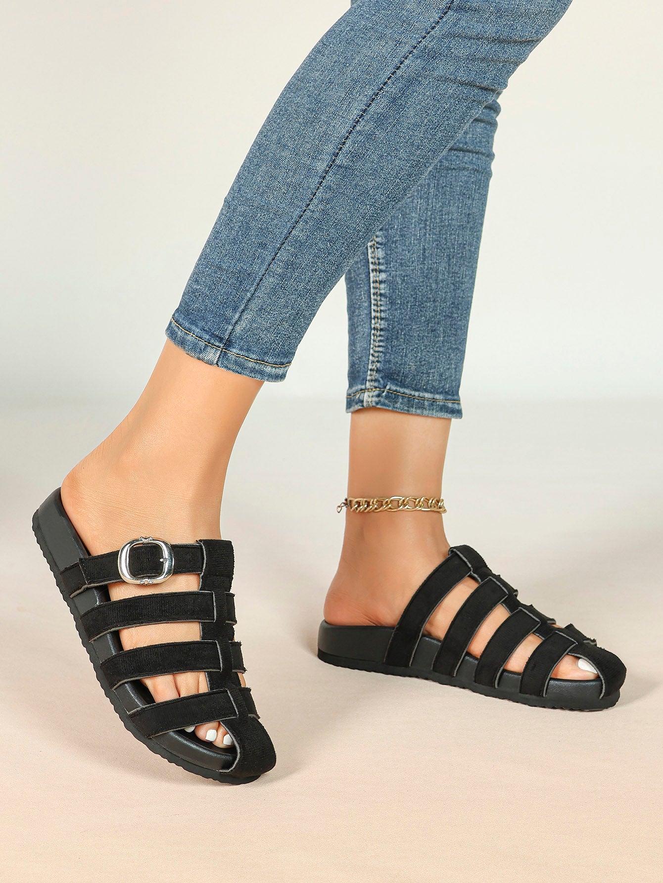 Camel Suede Woven Cage Slides with Silver-Tone Buckle Detail