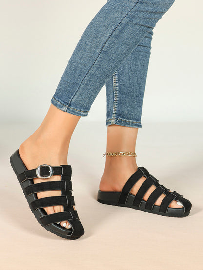 Camel Suede Woven Cage Slides with Silver-Tone Buckle Detail