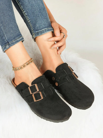 Gray Suede Double Buckle Boston Clogs  Closed Toe Cork Mule with Bronze Hardware YISHIFAN