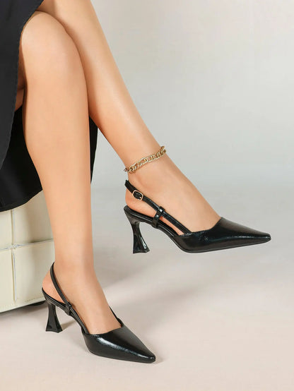 Black Pointed Toe Slingback Pumps 7.5CM Sculptural Heel Adjustable Ankle Strap Dress Shoes YISHIFAN