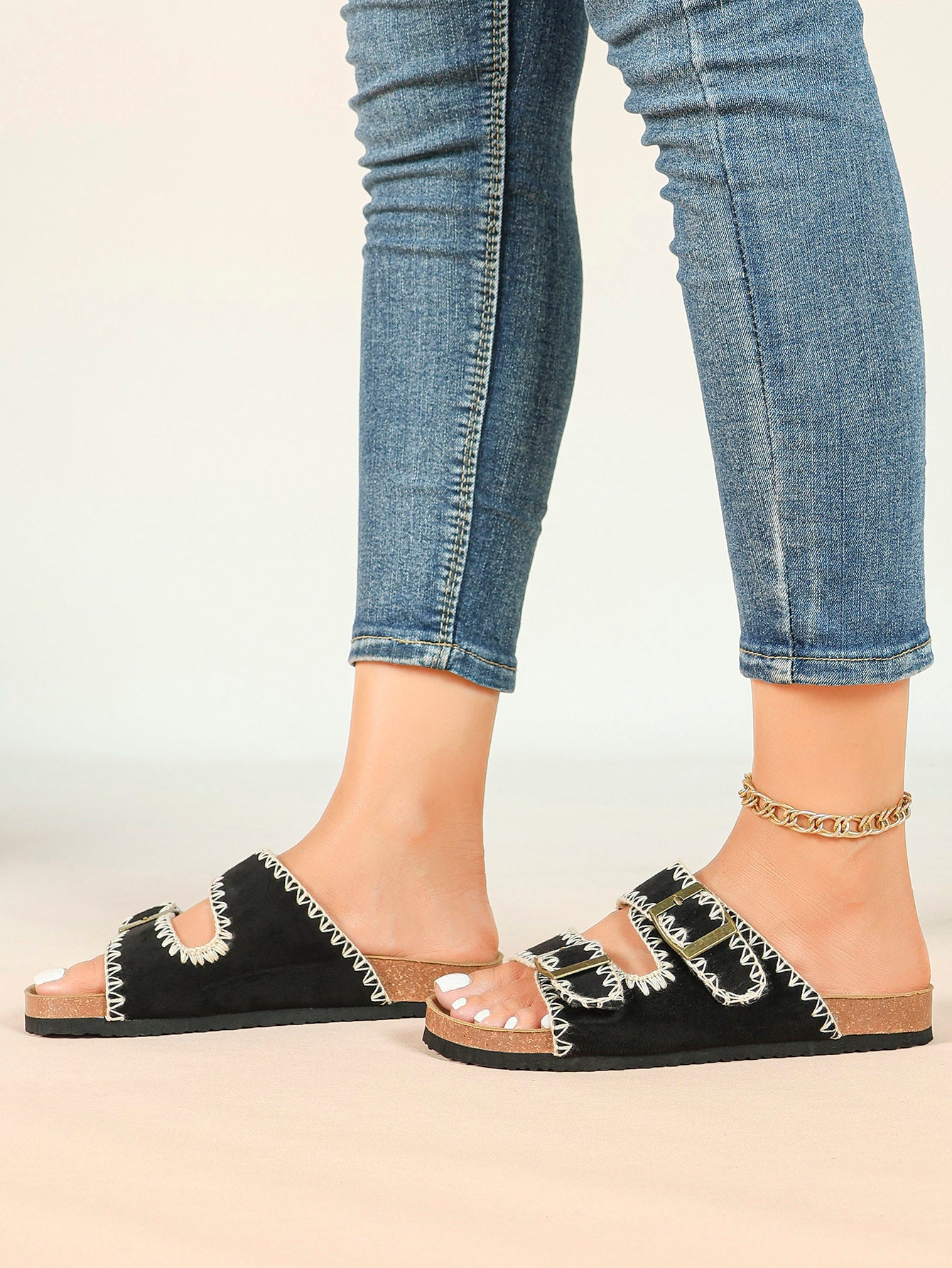 Taupe Suede-Effect Slides with Whipstitch Trim and Gold-Tone Buckles
