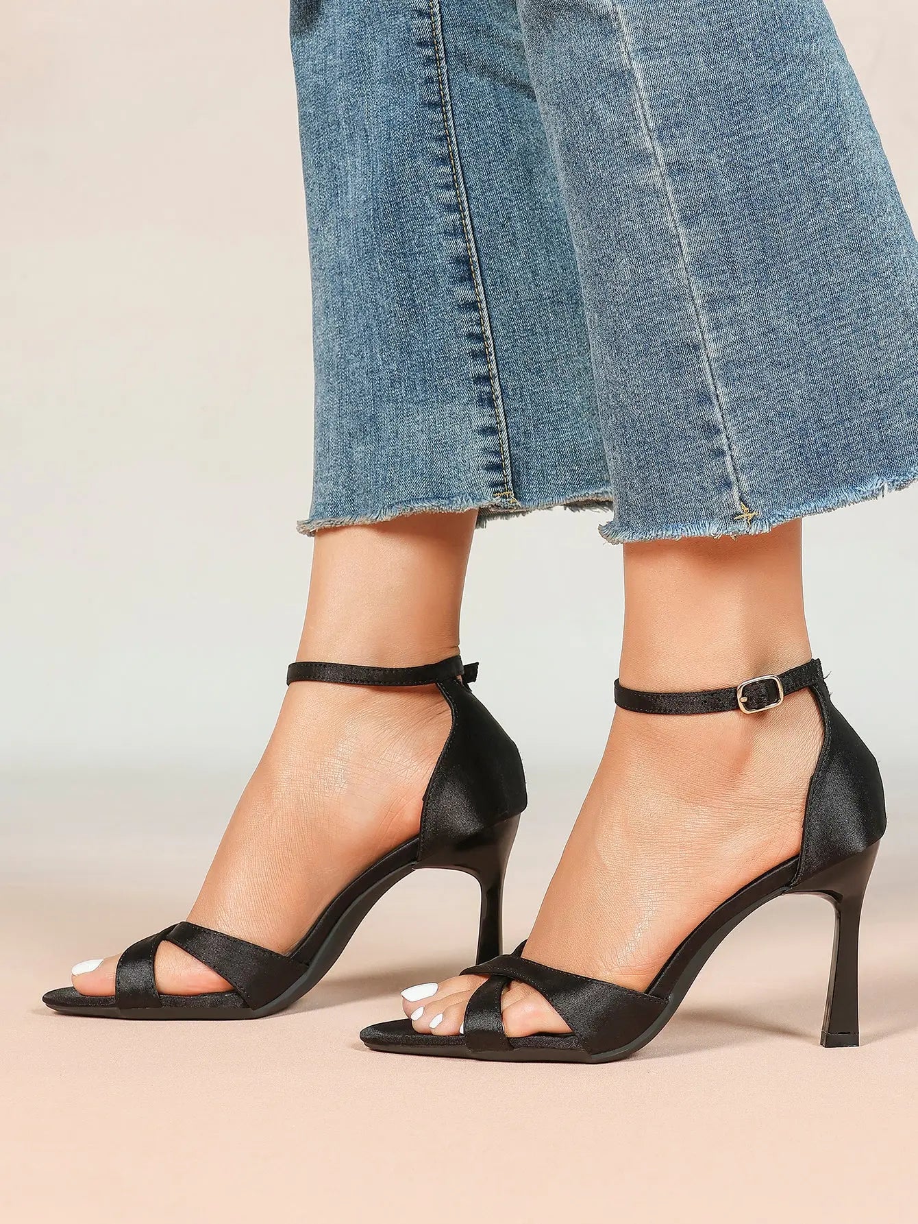 Women's Satin Cross Strap Ankle Strap 3.74 Inch Heels Open Toe Pointed Stilleto Sandals for Party Wedding YISHIFAN