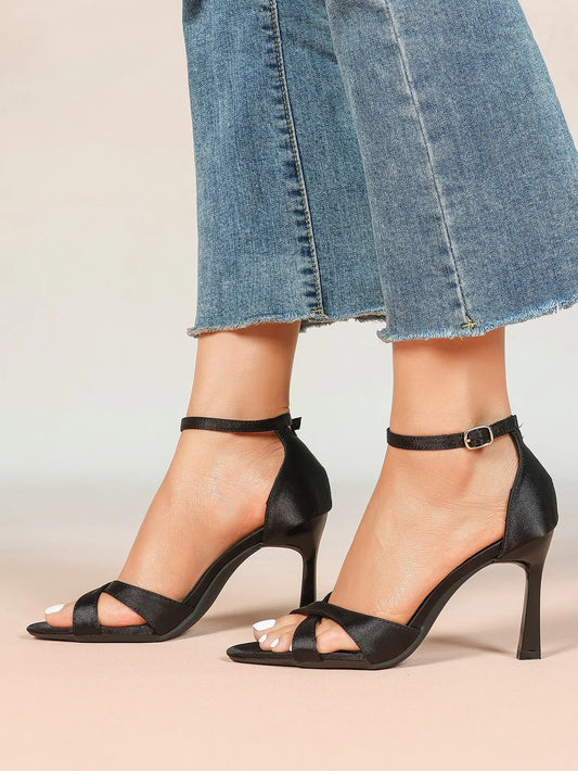 Women's Satin Cross Strap Ankle Strap 3.74 Inch Heels Open Toe Pointed Stilleto Sandals for Party Wedding YISHIFAN