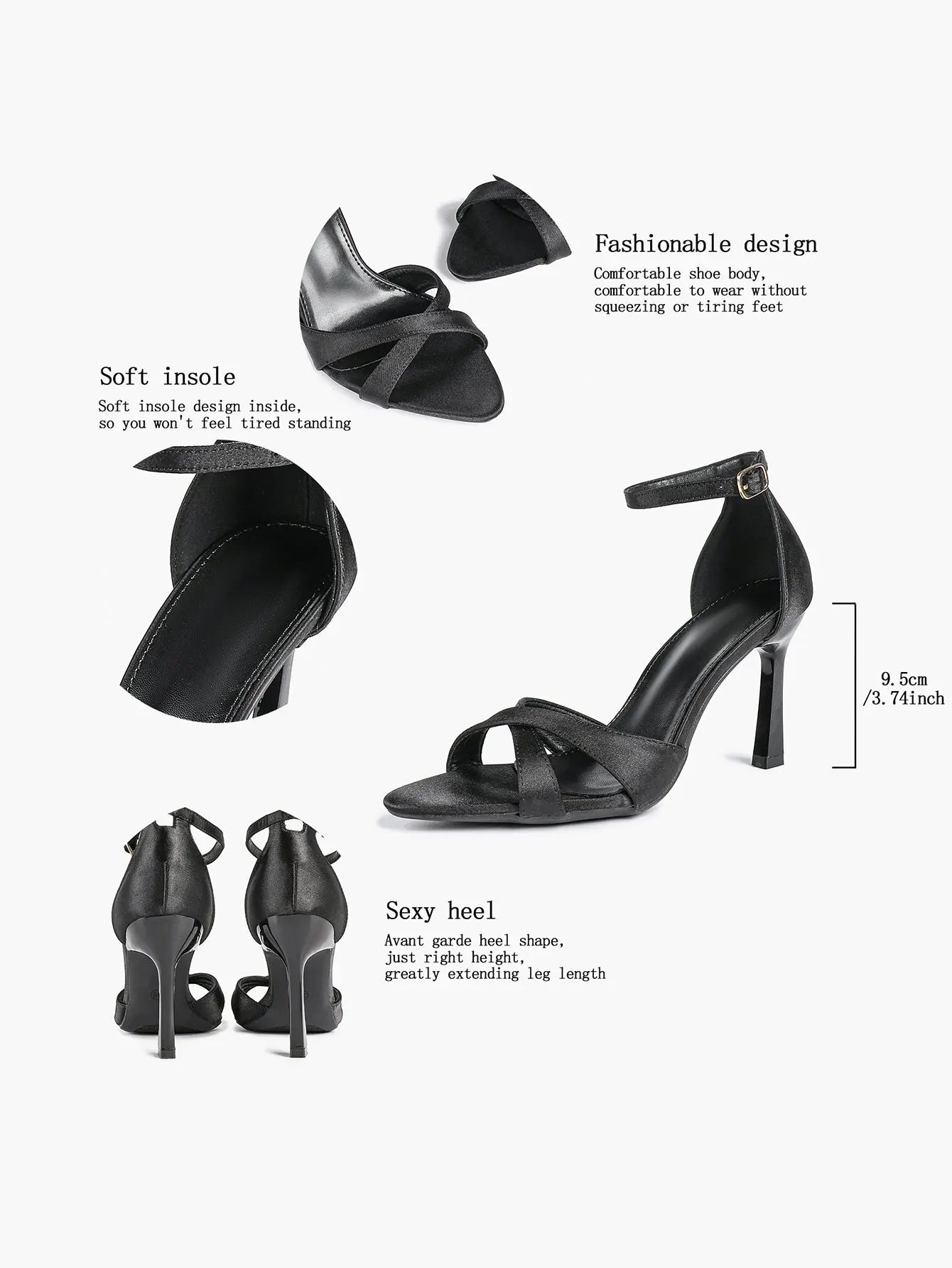 Women's Satin Cross Strap Ankle Strap 3.74 Inch Heels Open Toe Pointed Stilleto Sandals for Party Wedding YISHIFAN