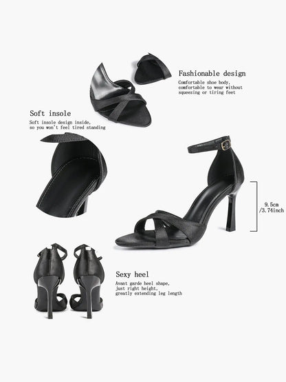 Women's Satin Cross Strap Ankle Strap 3.74 Inch Heels Open Toe Pointed Stilleto Sandals for Party Wedding YISHIFAN