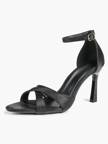 Women's Satin Cross Strap Ankle Strap 3.74 Inch Heels Open Toe Pointed Stilleto Sandals for Party Wedding YISHIFAN
