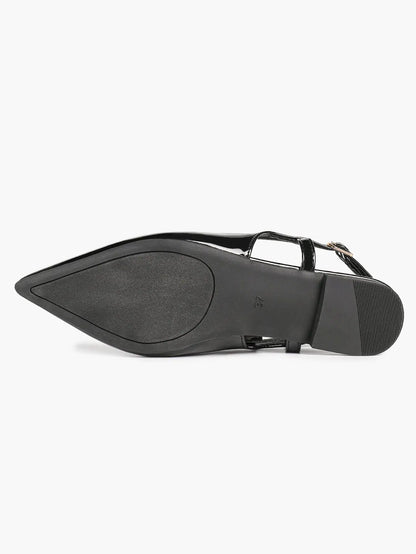 Women's Black Leather Closed Toe Pointed Flats Slingback Ankle Strap with Gold Buckle Arch Support YISHIFAN