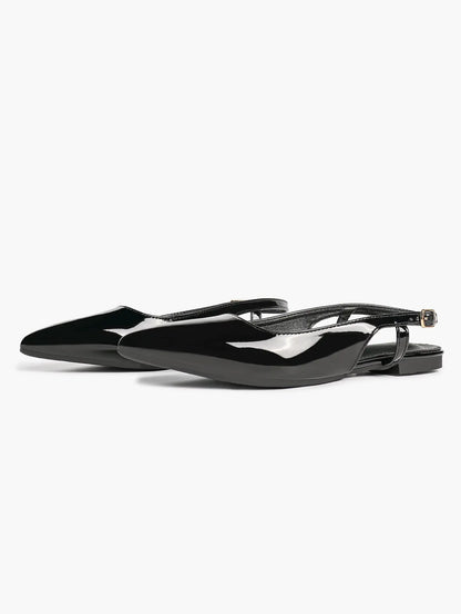 Women's Black Leather Closed Toe Pointed Flats Slingback Ankle Strap with Gold Buckle Arch Support YISHIFAN