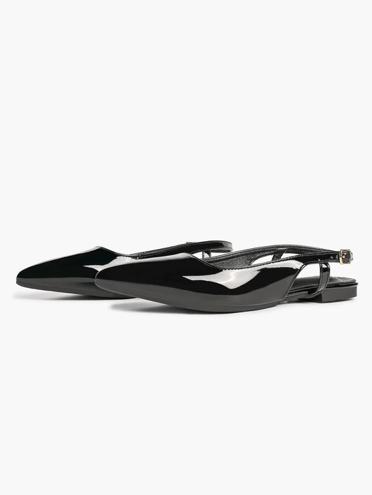 Women's Black Leather Closed Toe Pointed Flats Slingback Ankle Strap with Gold Buckle Arch Support YISHIFAN