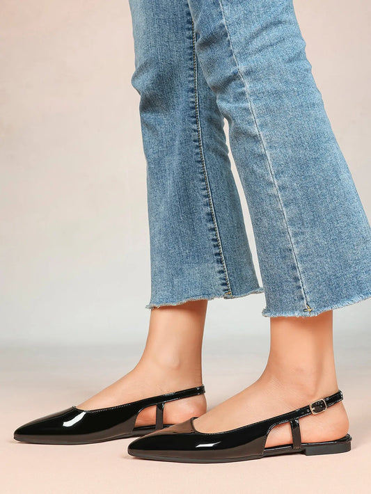 Women's Black Leather Closed Toe Pointed Flats Slingback Ankle Strap with Gold Buckle Arch Support YISHIFAN