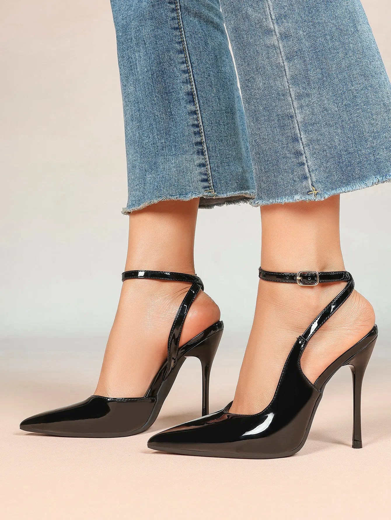 Black Pointed Closed Toe Stiletto Sandals with Soft Insole Cross Ankle Strap for Office Casual YISHIFAN