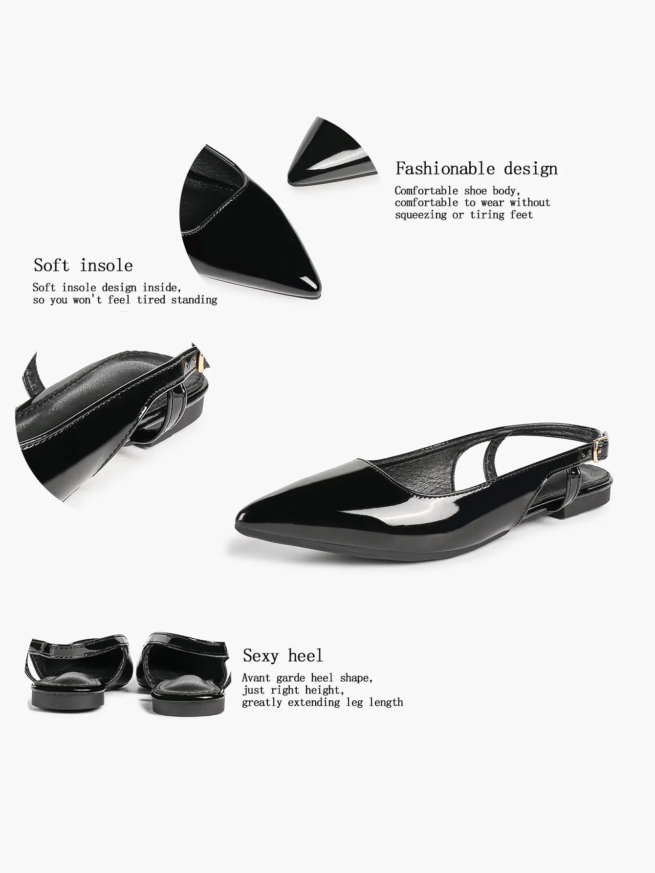 Women's Black Leather Closed Toe Pointed Flats Slingback Ankle Strap with Gold Buckle Arch Support YISHIFAN