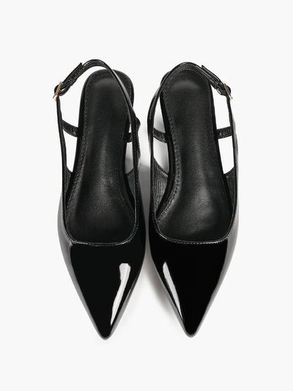 Women's Black Leather Closed Toe Pointed Flats Slingback Ankle Strap with Gold Buckle Arch Support YISHIFAN