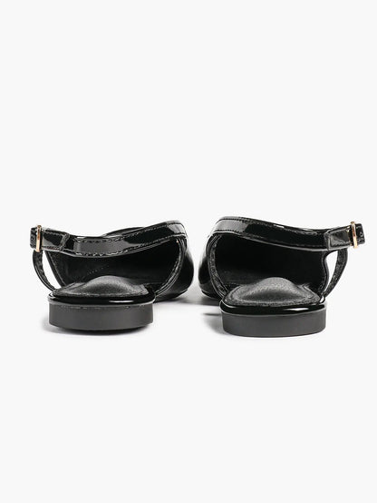 Women's Black Leather Closed Toe Pointed Flats Slingback Ankle Strap with Gold Buckle Arch Support YISHIFAN