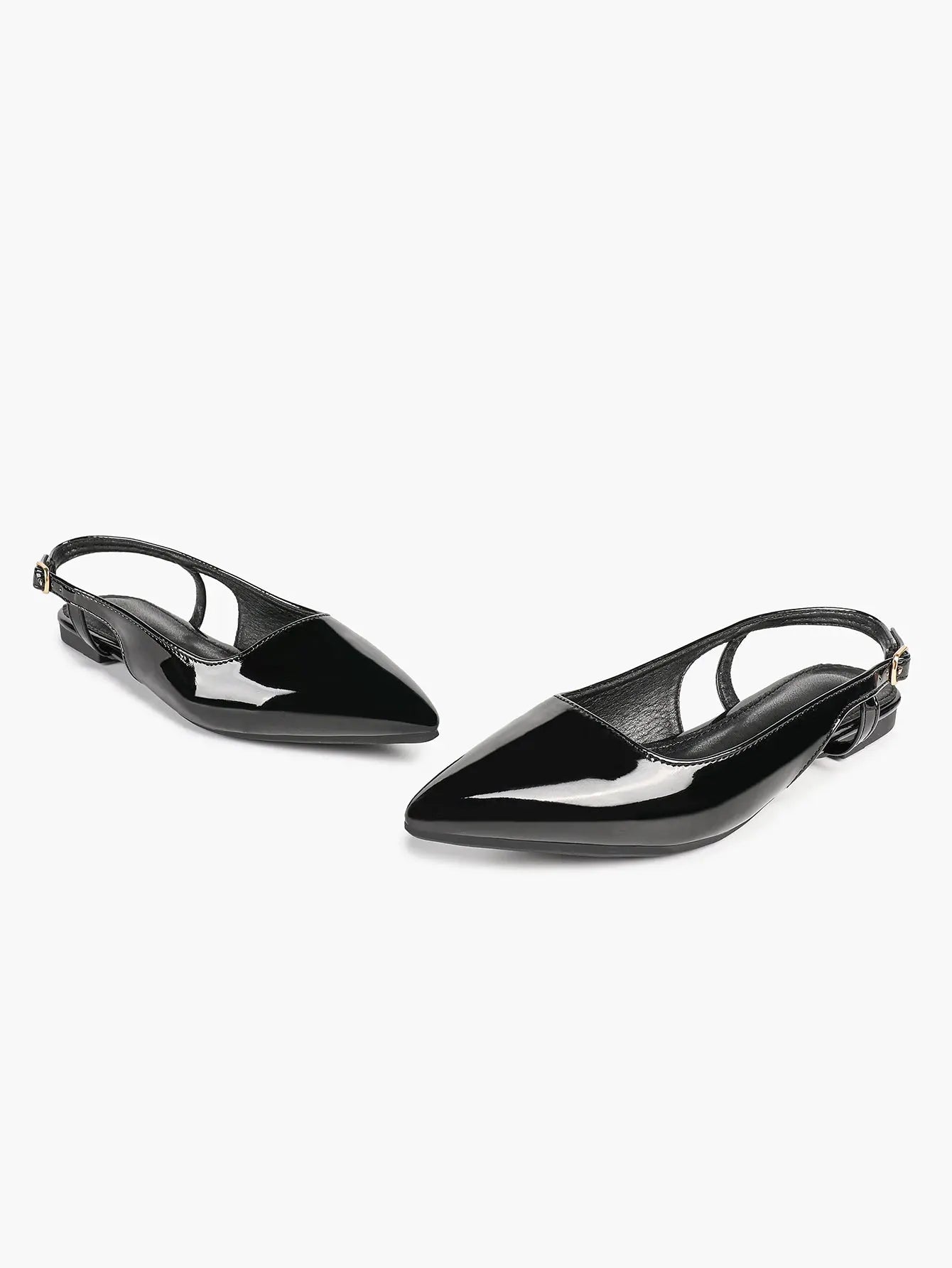 Women's Black Leather Closed Toe Pointed Flats Slingback Ankle Strap with Gold Buckle Arch Support YISHIFAN