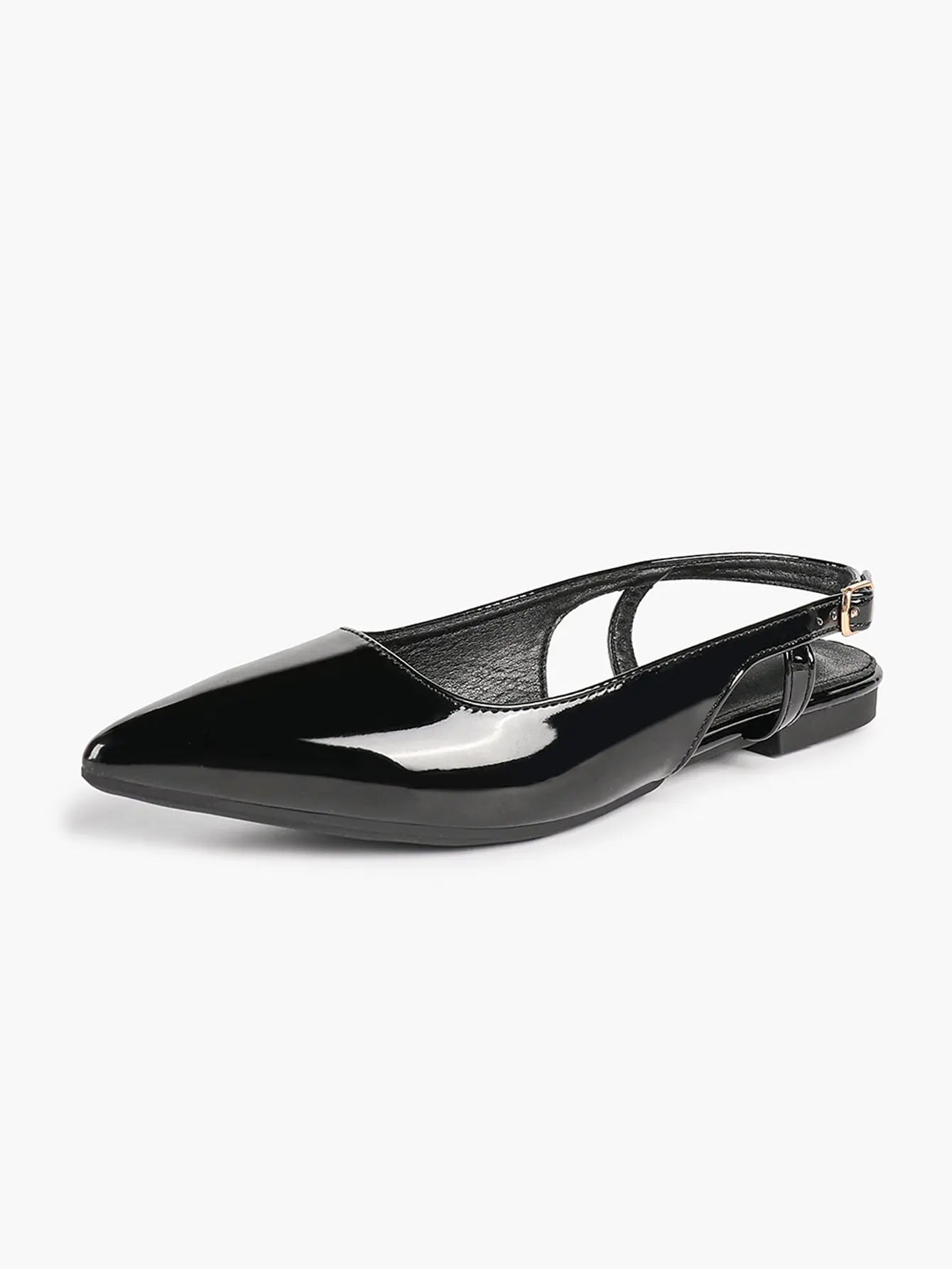 Women's Black Leather Closed Toe Pointed Flats Slingback Ankle Strap with Gold Buckle Arch Support YISHIFAN