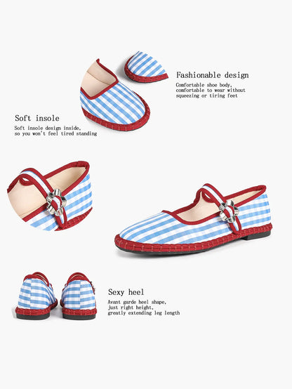 Women's Blue Mary Jane Flats with Floral Buckle Arch Support Insole for Casual Chic Everyday Shoes YISHIFAN