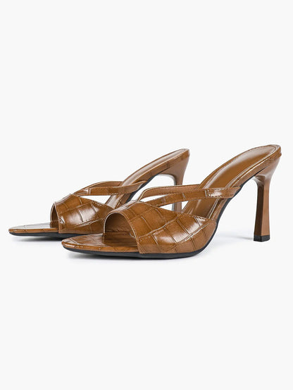 Women's Brown Crocodile-Embossed Stiletto Mules Low Heel Open-Toe for Casual Elegance YISHIFAN