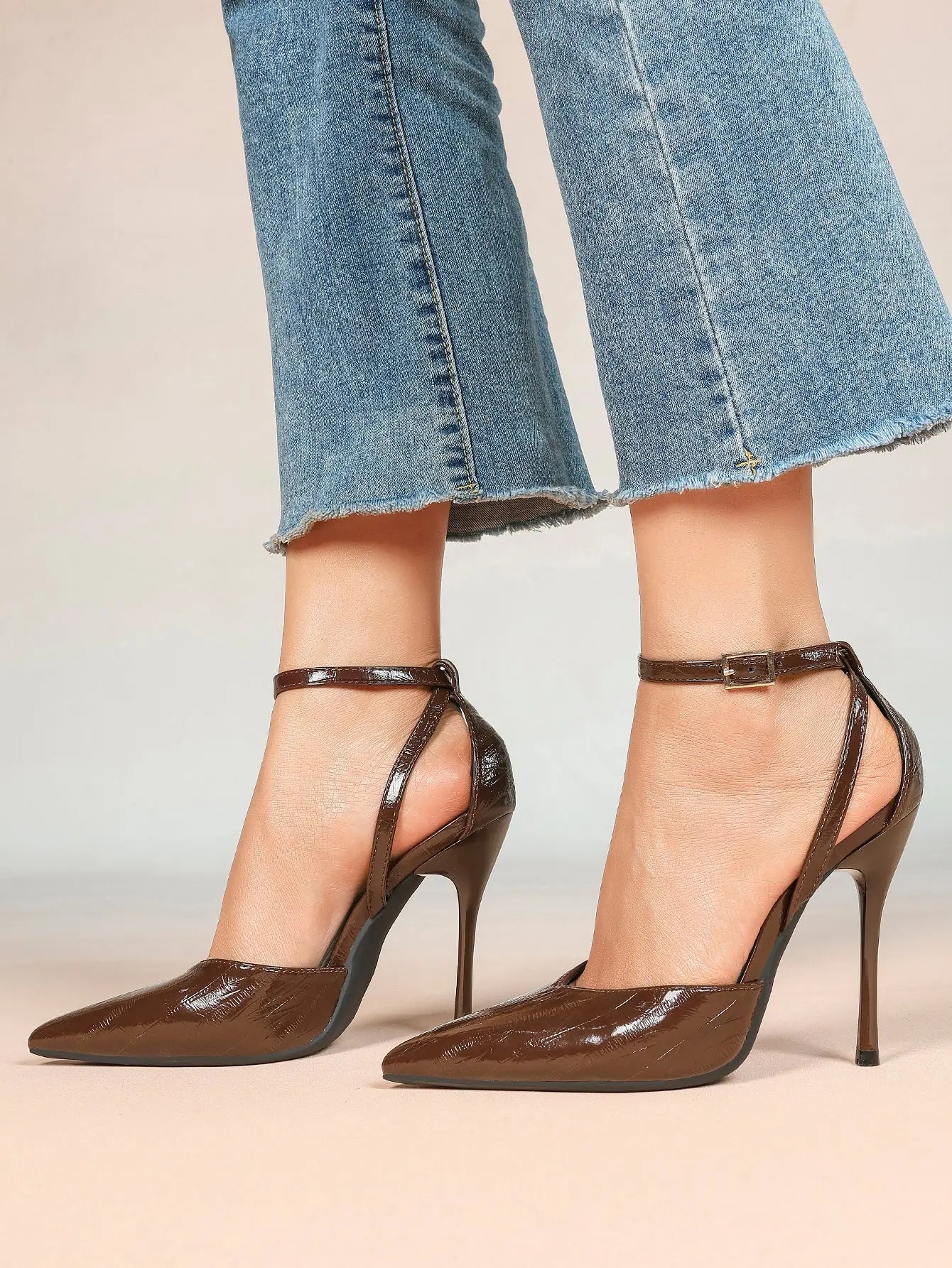 Women's Deep Brown Stiletto Adjustable Ankle Strap Pointed Closed Toe Stiletto Heels Party Wedding Shoes YISHIFAN