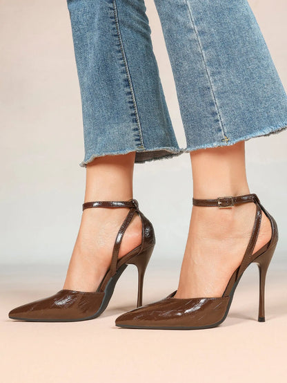Women's Deep Brown Stiletto Adjustable Ankle Strap Pointed Closed Toe Stiletto Heels Party Wedding Shoes YISHIFAN