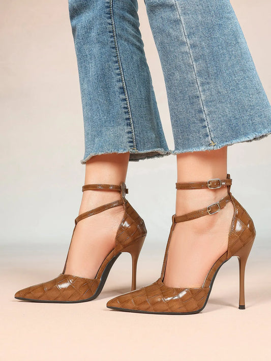 Women's Brown Crocodile-Embossed Stiletto Sandals Leg-Lengthening Heel for Party Dress Shoes YISHIFAN