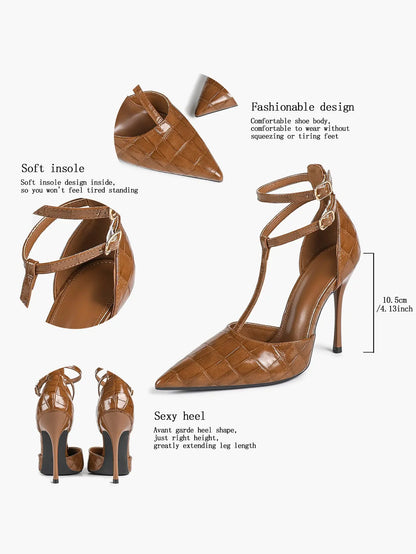 Women's Brown Crocodile-Embossed Stiletto Sandals Leg-Lengthening Heel for Party Dress Shoes YISHIFAN
