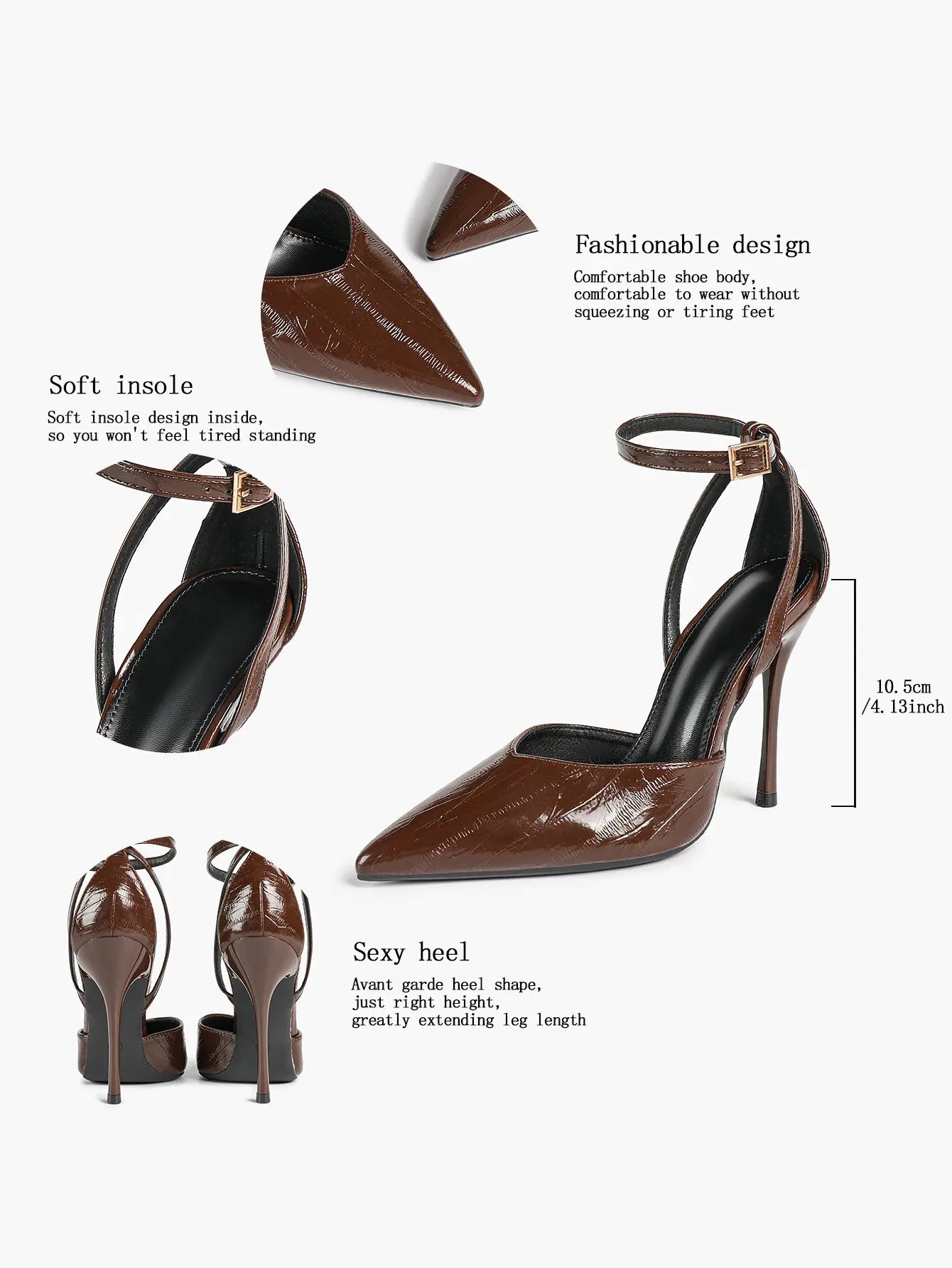 Women's Deep Brown Stiletto Adjustable Ankle Strap Pointed Closed Toe Stiletto Heels Party Wedding Shoes YISHIFAN